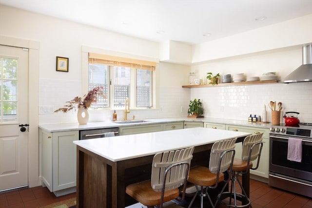 26 Moultrie St Unit 26, Boston, MA 02124 - kitchen with stainless steel range with electric cooktop, open shelves, a sink, light countertops, and tasteful backsplash