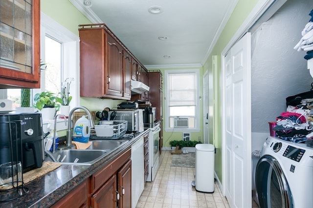 kitchen with washer / dryer, sink, ornamental molding, cooling unit, and dishwasher