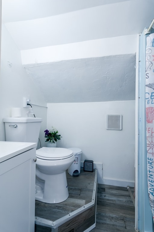 bathroom featuring lofted ceiling, vanity, walk in shower, wood-type flooring, and toilet