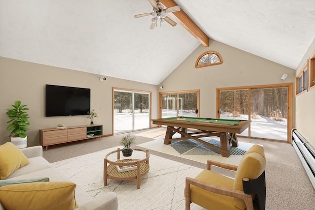 recreation room with billiards, beamed ceiling, baseboard heating, carpet flooring, and high vaulted ceiling