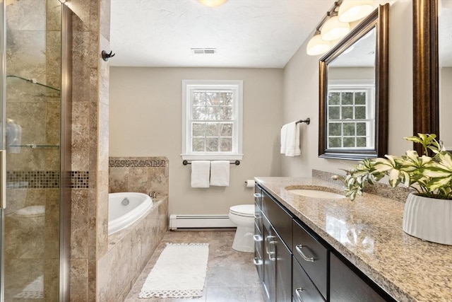 full bathroom with baseboard heating, plenty of natural light, vanity, and visible vents