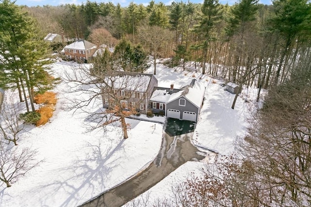 snowy aerial view with a view of trees