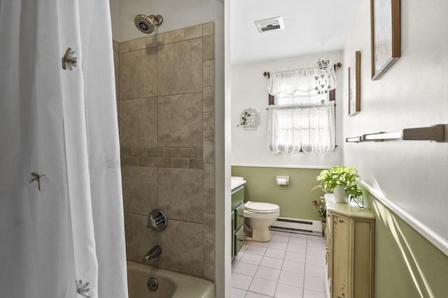 full bathroom featuring tile patterned floors, a baseboard heating unit, vanity, toilet, and shower / tub combo with curtain