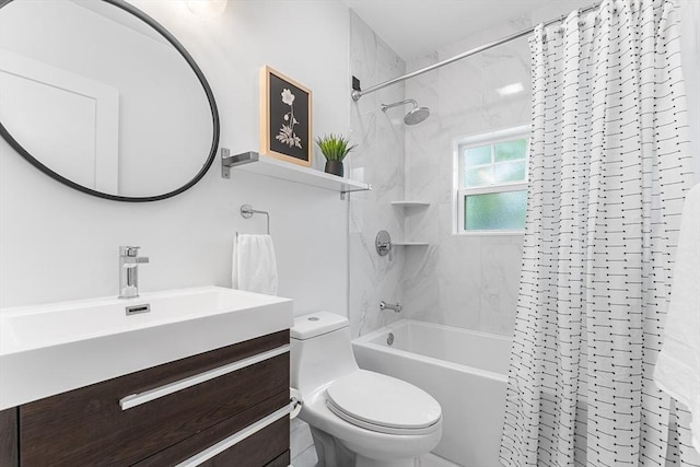 bathroom with toilet, vanity, and shower / bath combination with curtain