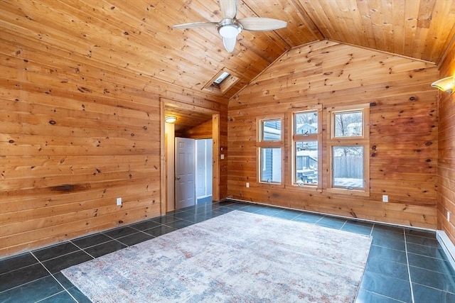 interior space with ceiling fan, wood ceiling, and wood walls