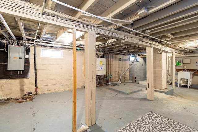 basement with electric panel, sink, and water heater