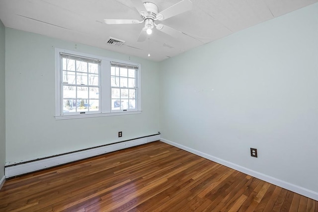 unfurnished room with dark wood-type flooring, ceiling fan, and a baseboard heating unit