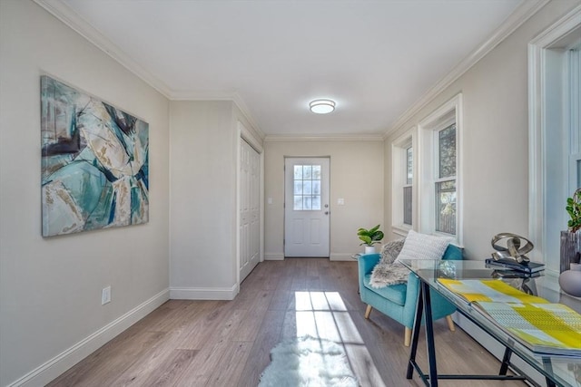 doorway with crown molding and light wood-type flooring