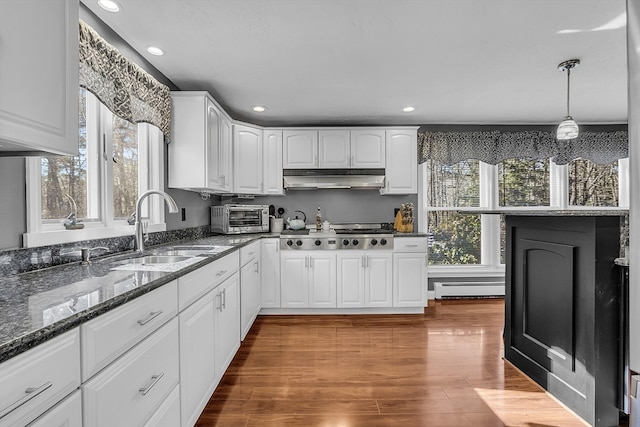 kitchen with hardwood / wood-style floors, a healthy amount of sunlight, white cabinets, and a baseboard heating unit