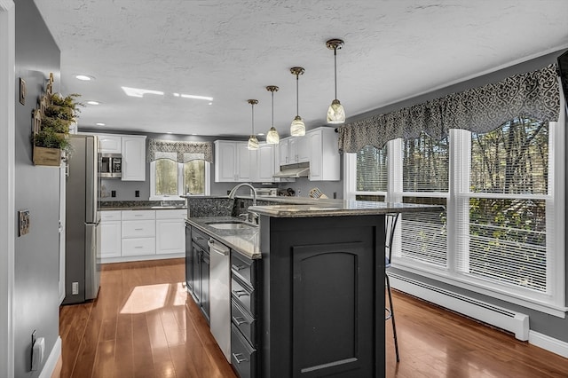 kitchen featuring hardwood / wood-style flooring, sink, a kitchen island with sink, and a baseboard radiator