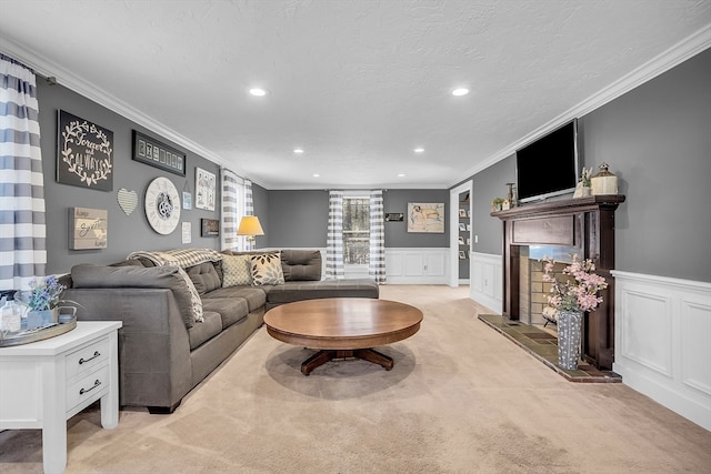 carpeted living room with a textured ceiling and crown molding