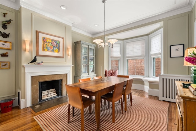 dining room featuring a fireplace, plenty of natural light, hardwood / wood-style floors, and radiator