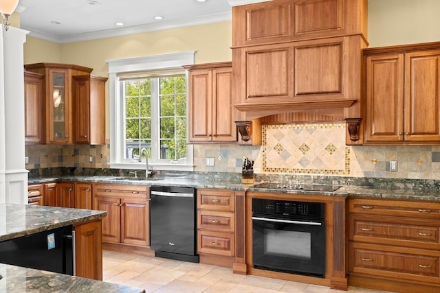 33 Moniz Dr, Westport, MA 02790 - kitchen featuring black appliances, a sink, dark stone counters, brown cabinetry, and decorative backsplash