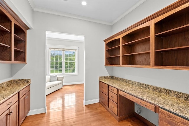 33 Moniz Dr, Westport, MA 02790 - unfurnished office with built in desk, crown molding, light wood-type flooring, baseboards, and recessed lighting