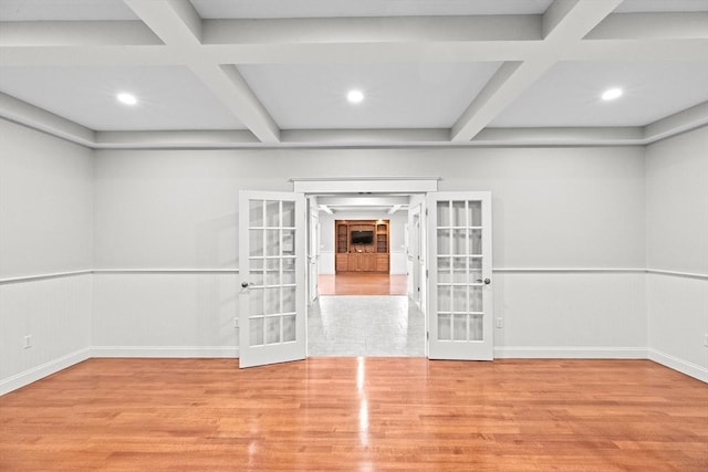 33 Moniz Dr, Westport, MA 02790 - spare room featuring french doors, coffered ceiling, wood finished floors, recessed lighting, and beam ceiling