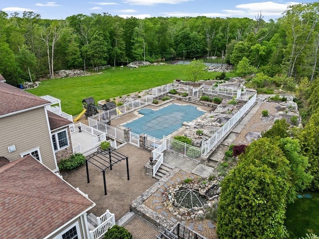 33 Moniz Dr, Westport, MA 02790 - aerial view of a heavily wooded area and a pool area
