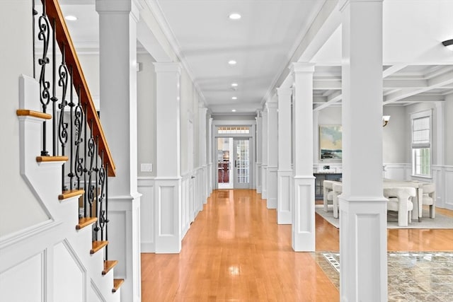 33 Moniz Dr, Westport, MA 02790 - entrance foyer featuring a decorative wall, recessed lighting, stairway, light wood finished floors, and wainscoting