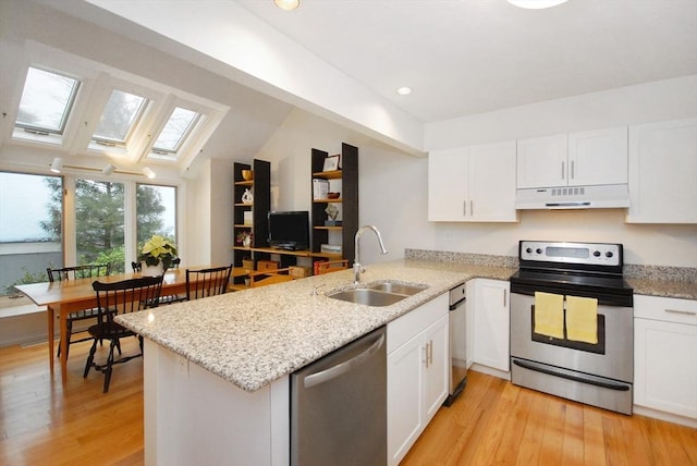 kitchen with sink, white cabinetry, light hardwood / wood-style flooring, appliances with stainless steel finishes, and kitchen peninsula