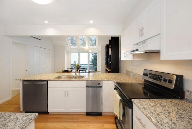 kitchen with sink, white cabinets, light stone counters, kitchen peninsula, and stainless steel appliances