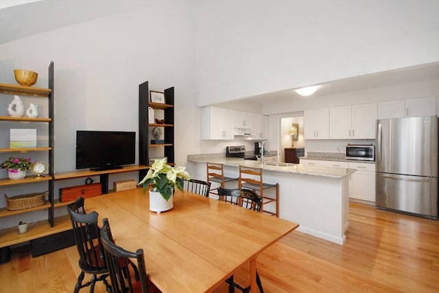 dining space featuring sink, a towering ceiling, and light hardwood / wood-style floors