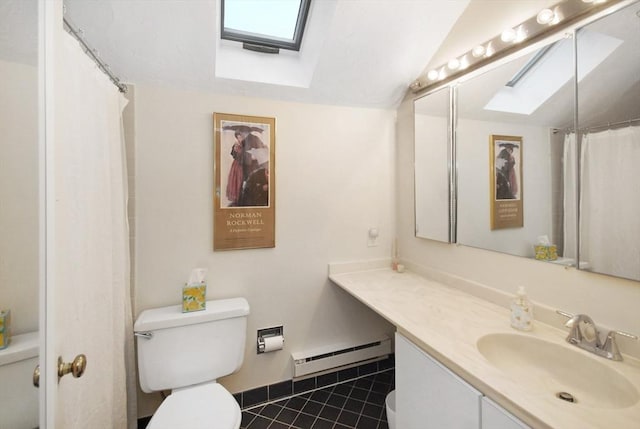 bathroom featuring lofted ceiling with skylight, tile patterned flooring, vanity, a baseboard heating unit, and toilet