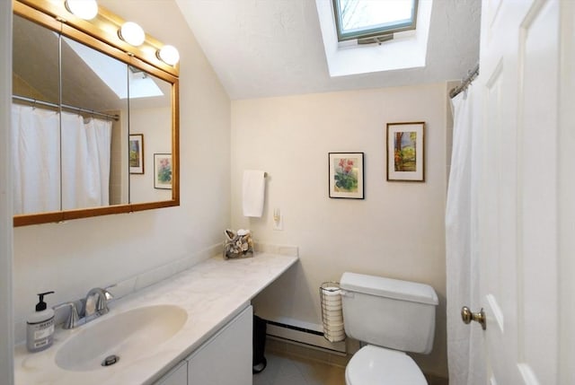 bathroom featuring toilet, lofted ceiling with skylight, a shower with curtain, a baseboard radiator, and vanity