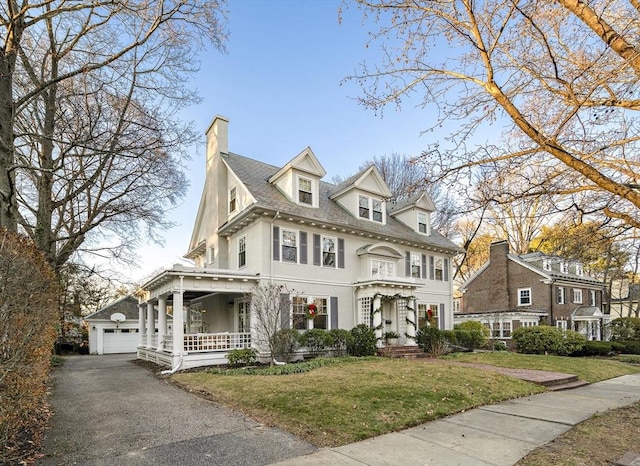 view of front of property featuring a front lawn, a chimney, and stucco siding