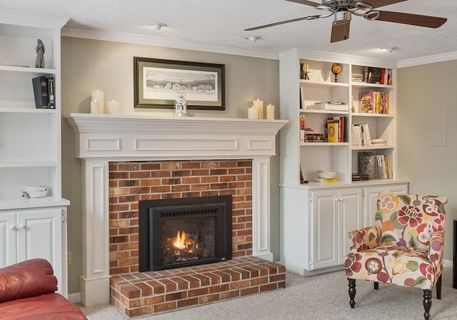 living area with a brick fireplace, light colored carpet, and ornamental molding