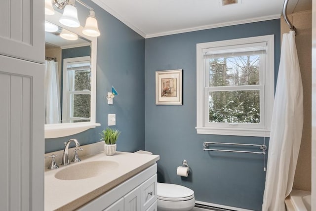 bathroom with toilet, vanity, a baseboard radiator, and ornamental molding