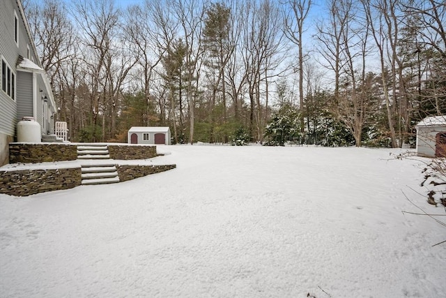 yard covered in snow with a storage unit