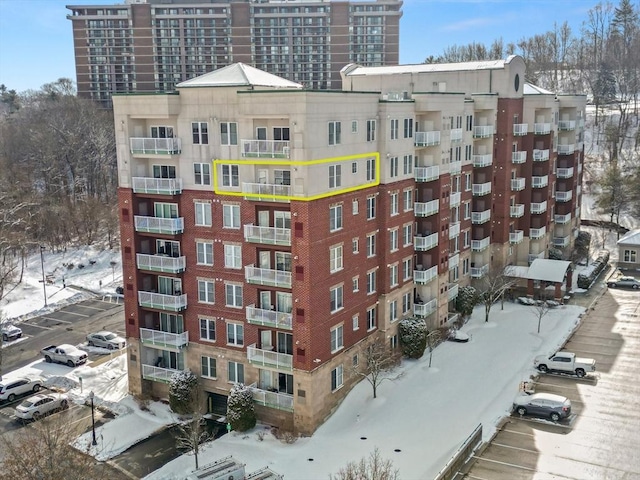 view of snow covered building