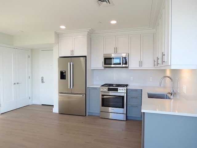 kitchen featuring light wood-style floors, light countertops, white cabinetry, a sink, and stainless steel appliances
