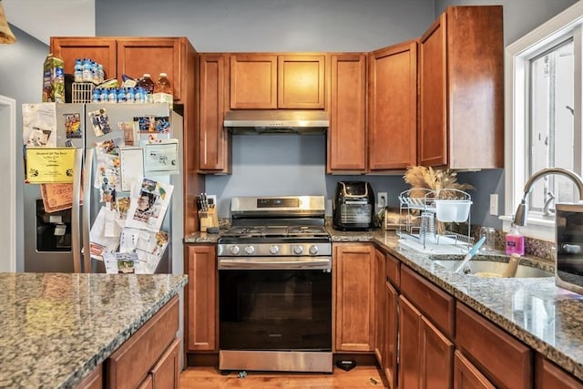 7 S Harlem St, Worcester, MA 01610 - kitchen featuring appliances with stainless steel finishes, under cabinet range hood, stone counters, light wood-style flooring, and brown cabinets
