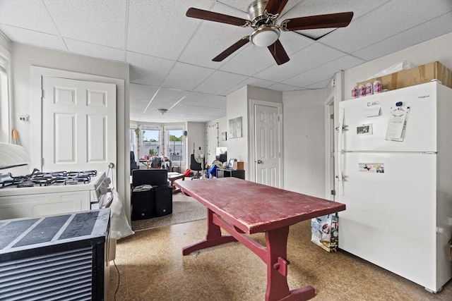 19 Park St, Webster, MA 01570 - kitchen featuring freestanding refrigerator, a drop ceiling, and ceiling fan