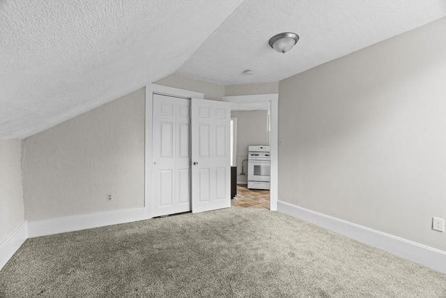 19 Park St, Webster, MA 01570 - bonus room featuring a textured ceiling, carpet, baseboards, and lofted ceiling