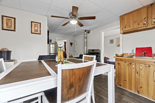 19 Park St, Webster, MA 01570 - kitchen featuring a drop ceiling, a ceiling fan, appliances with stainless steel finishes, dark wood-style flooring, and a sink