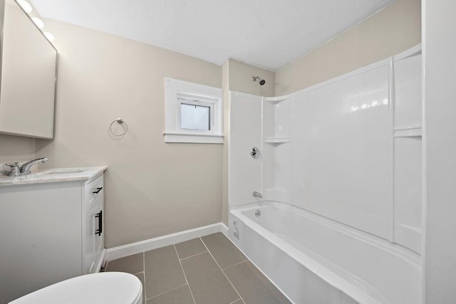 full bathroom with  shower combination, toilet, tile patterned flooring, and vanity