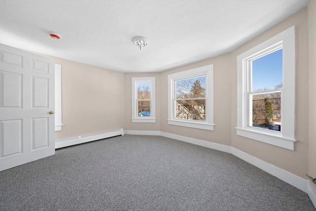 empty room with carpet flooring and baseboard heating