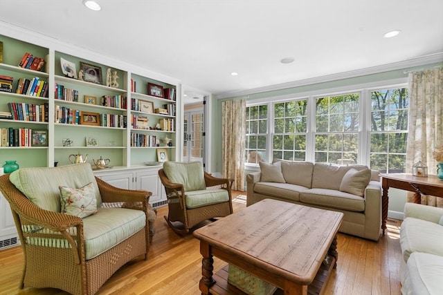 63 Claypit Hill Rd, Wayland, MA 01778 - sitting room with ornamental molding, light wood-style flooring, and recessed lighting