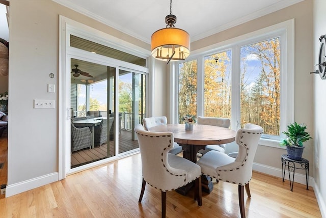 dining room featuring crown molding, baseboards, wood finished floors, and a healthy amount of sunlight