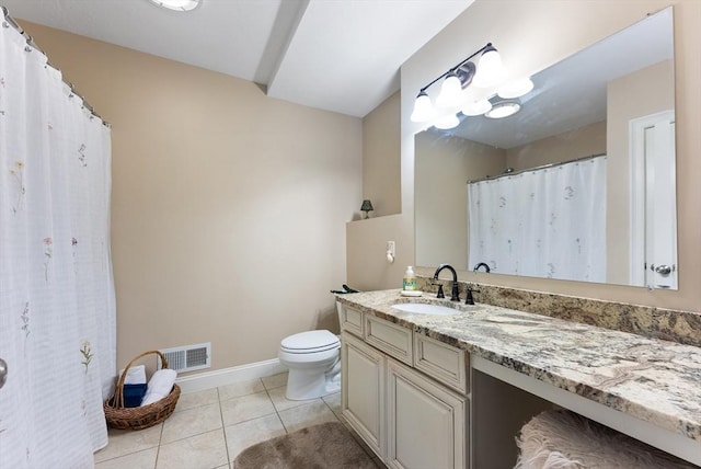 full bathroom with tile patterned flooring, visible vents, vanity, toilet, and baseboards