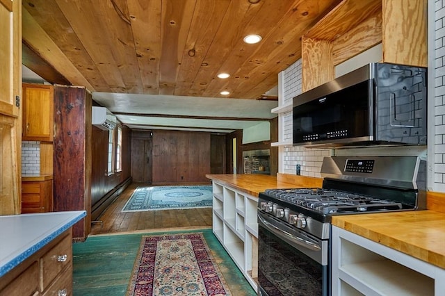 40 Whately Glen Rd, Conway, MA 01341 - kitchen with appliances with stainless steel finishes, wood counters, recessed lighting, dark wood finished floors, and a baseboard heating unit