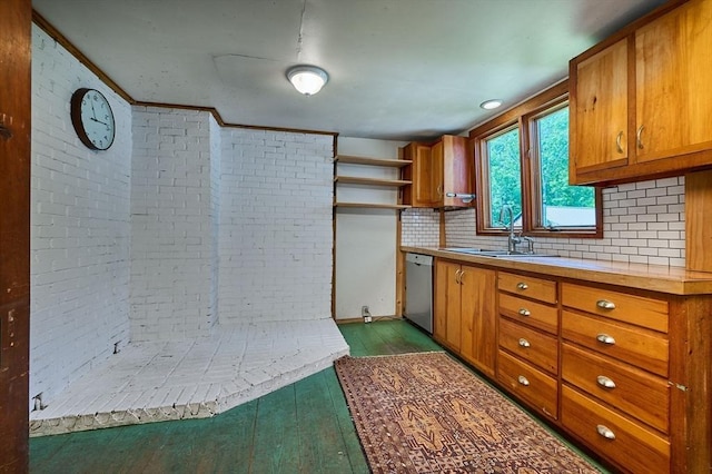 40 Whately Glen Rd, Conway, MA 01341 - kitchen with stainless steel dishwasher, brown cabinetry, dark wood-type flooring, decorative backsplash, and open shelves