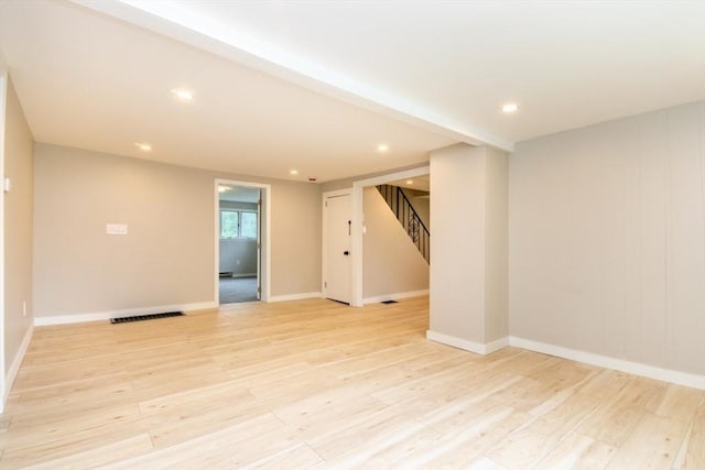 67 Thatcher St, Brockton, MA 02302 - spare room with stairs, light wood-type flooring, baseboards, and recessed lighting