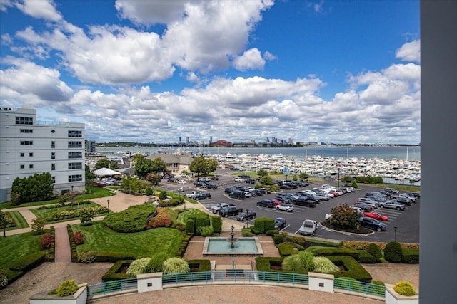 drone / aerial view with a water view