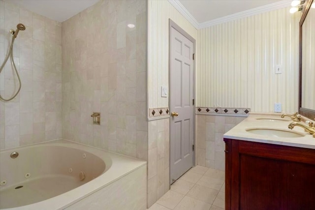 bathroom with vanity, tiled shower / bath combo, tile patterned floors, tile walls, and crown molding