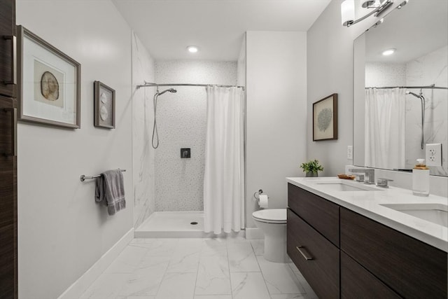 130 Broad Reach Unit 409, Weymouth, MA 02191 - bathroom featuring marble look tiles, toilet, a shower with shower curtain, double vanity, and recessed lighting