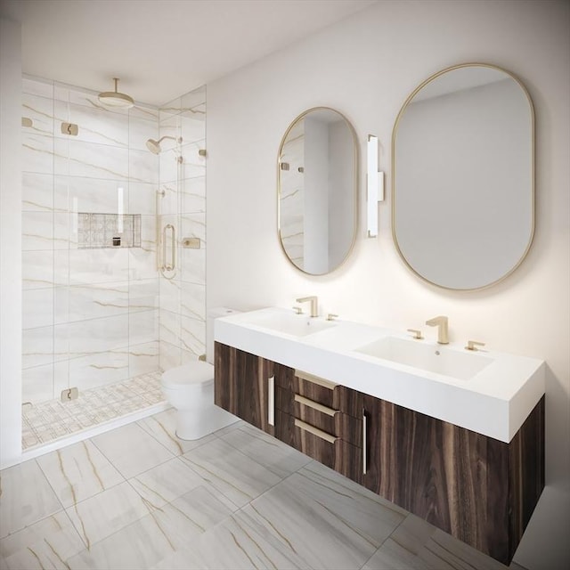 bathroom with a sink, toilet, double vanity, and a stall shower