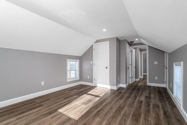 additional living space featuring dark hardwood / wood-style floors and lofted ceiling