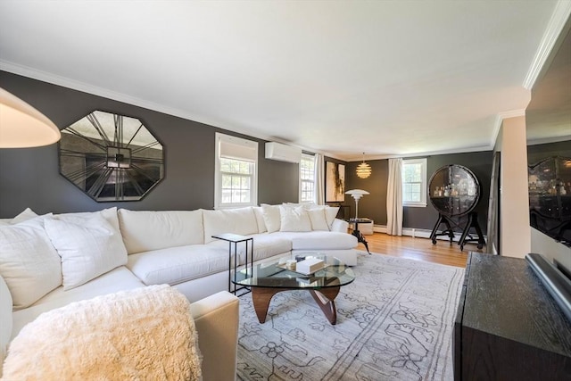 37 Hillcrest Ave, Methuen, MA 01844 - living area featuring a wall mounted air conditioner, ornamental molding, wood finished floors, and baseboards